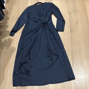 Long Sleeve Navy Wrap Maxi Dress with Tassel Waist Tie